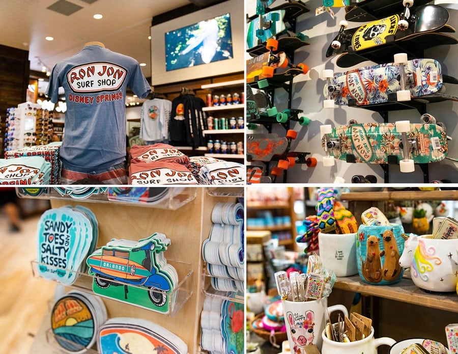 Collage of apparel, skateboards, stickers and home goods at Ron Jon Surf Shop at Disney Springs