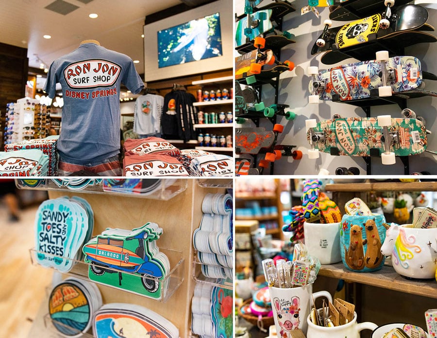Collage of apparel skateboards stickers and home goods at Ron Jon Surf Shop at Disney Springs