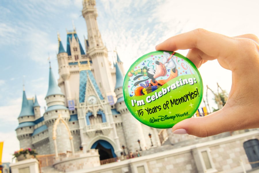 I'm Celebrating "15 Years of Memories" Pin in front of Cinderella Castle at Magic Kingdom Park
