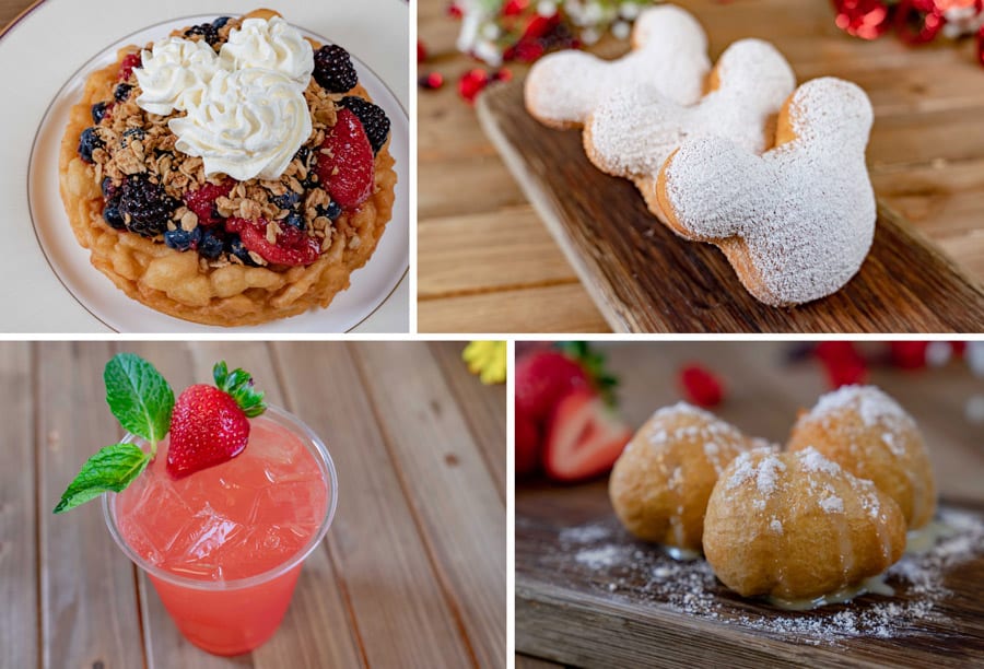 2020 Valentine’s Season Offerings at Disneyland Park - Berry Cobbler Funnel Cake, Chocolate-Strawberry Beignets, Strawberry Julep, Berry Cheesecake Fritters