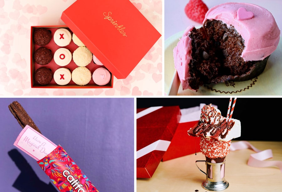 2020 Valentine’s Season Offerings at Downtown Disney District - Sprinkles cupcakes box, Raspberry Chocolate Chip cupcake, Chocolate-covered Strawberry Churro, Red Velvet Cake Shake