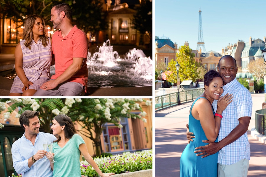 Valentine's Day photo options from Disney PhotoPass Service around Epcot’s World Showcase