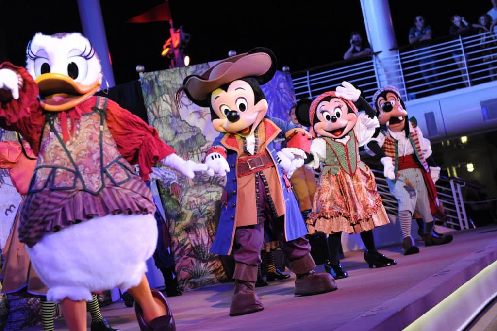 Daisy, Mickey Minnie and Goofy during Pirate Night on Disney Cruise Line