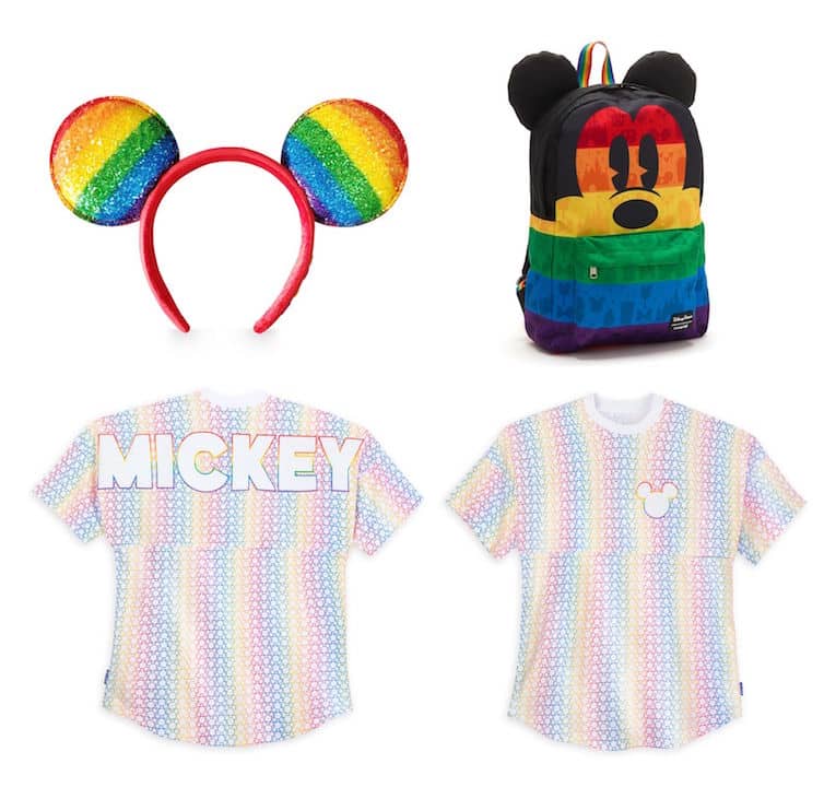 Rainbow Disney Collection items: colorful Mickey Mouse ear headband and matching backpack by Loungefly and front and back of sleeve spirit jersey