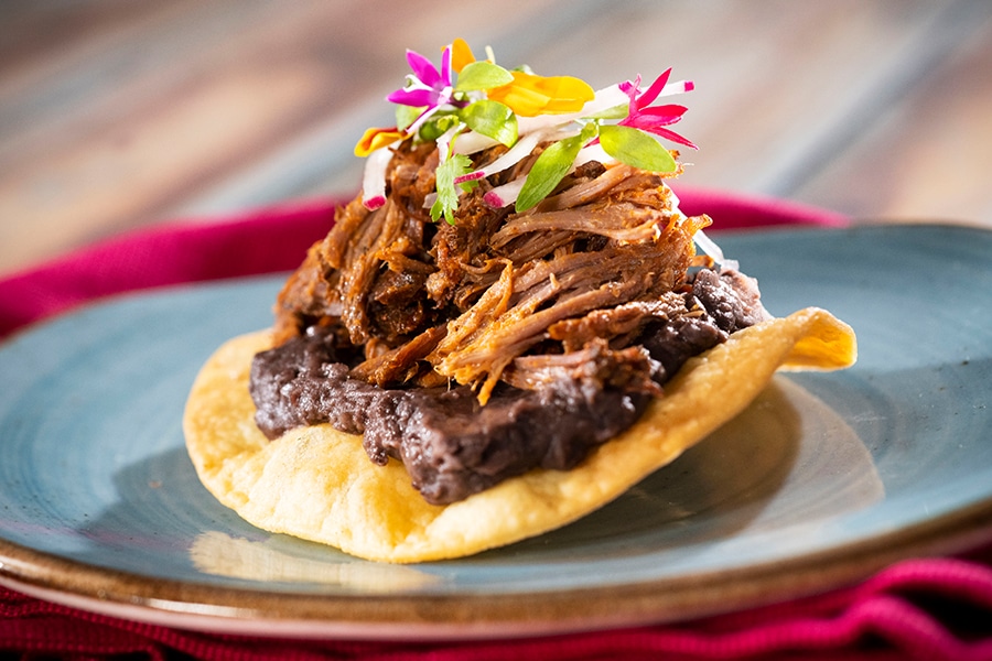Offerings from Mexico Marketplace for the 2020 Epcot Taste of International Food & Wine Festival - Pork Tostada: Fried Corn Tortilla topped with Chipotle Black Beans, Roasted Pork, Fresh Salsa Verde, Onions, and Cilantro