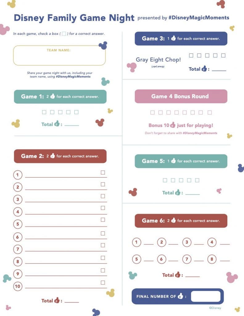 | The Main Street Mouse Disney Game Night Score Card