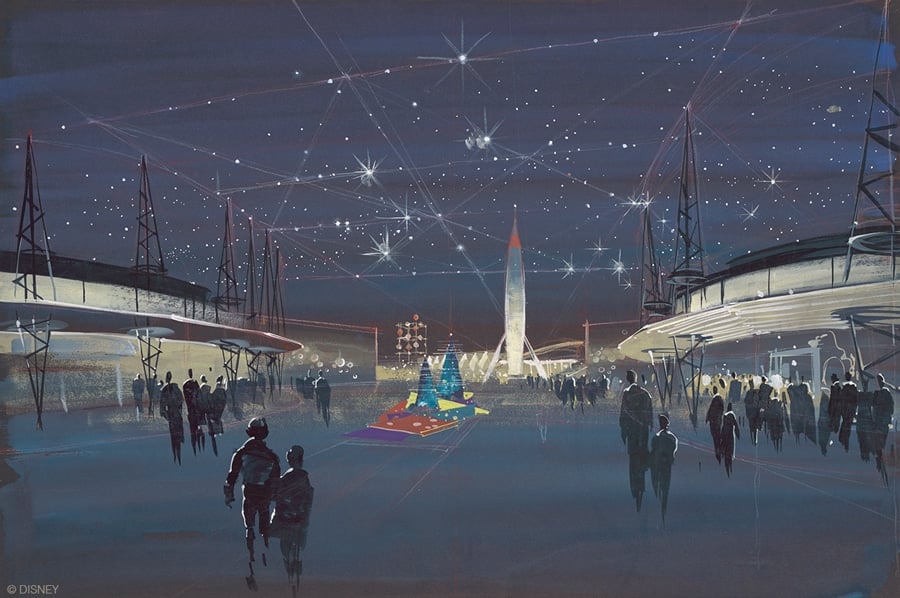Tomorrowland entrance, Herb Ryman, 1954. A majestic rocket ready to penetrate space was always a part of Walt’s Tomorrowland. © Disney