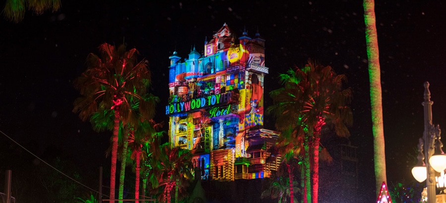 Holiday projection effects on the Hollywood Tower Hotel at Disney's Hollywood Studios