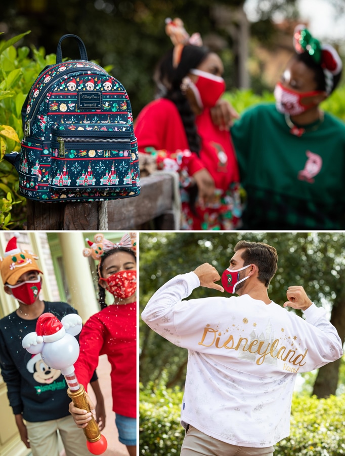 Collage of holiday merchandise featuring an “ugly sweater” Loungefly backpack. new snow blower wand and silver and gold spirit jersey
