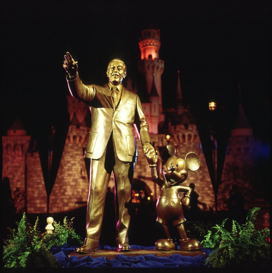 Photo of the Partners statue taken at its original unveiling on Nov. 18, 1993, at the hub in Disneyland park to commemorate Mickey’s 65th birthday.