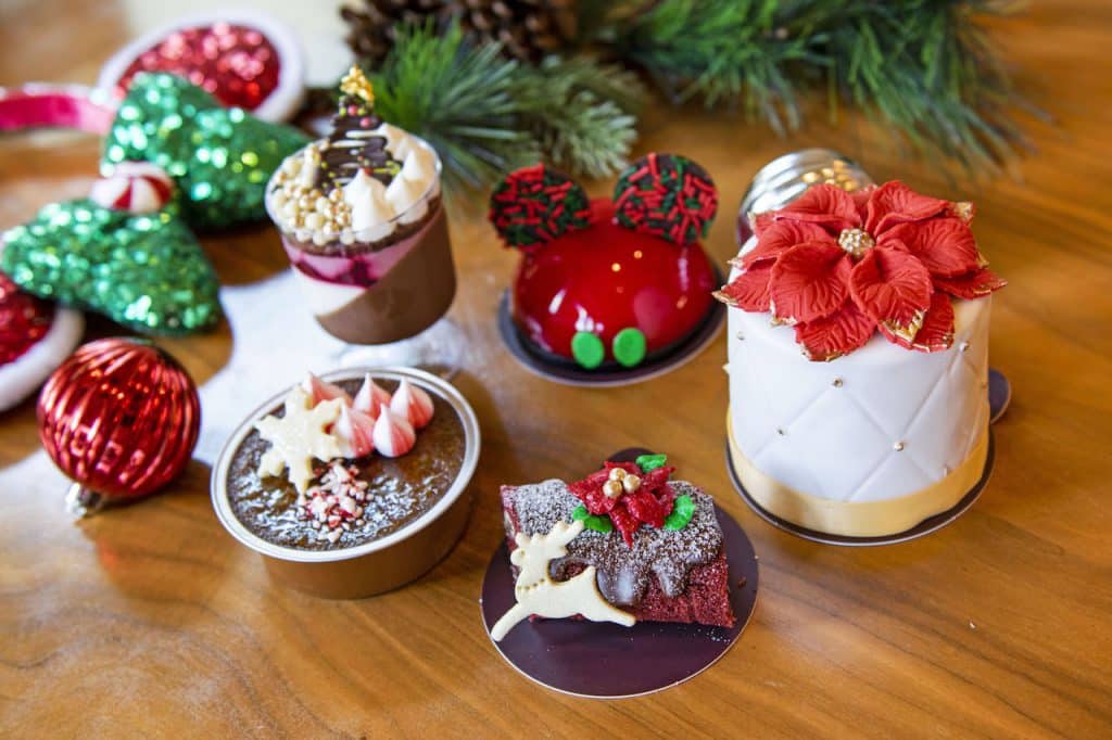 Black Forest Parfait, Holiday Mickey Mousse, Holiday Petit Cake, Mickey Santa Dome Cake, Peppermint Crème Brûlée, Spiced Yule Log, at Amorette’s Patisserie