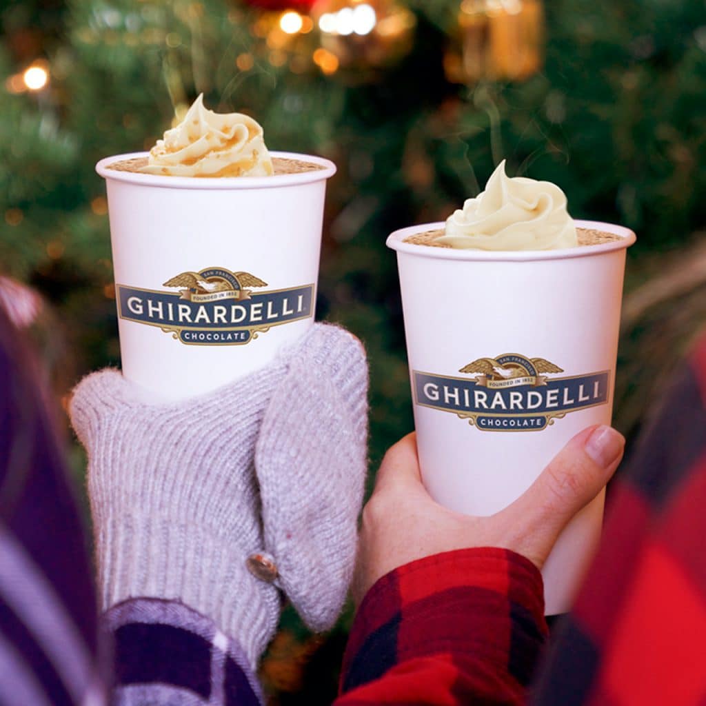Ghirardelli White Chocolate Caramel Steamer and Peppermint Hot Cocoa Ghirardelli Soda Fountain Chocolate Shop