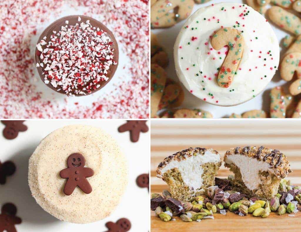 Chocolate Peppermint, Christmas Cookie, Gingerbread, and Cannoli Cupcakes, Sprinkles