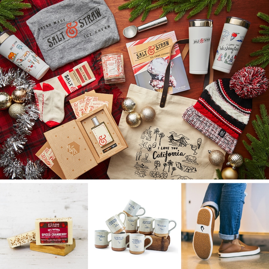 | The Main Street Mouse Collage of Gifts from Salt Straw Rinse Bath Body Co Sugarboo Co and California Sole