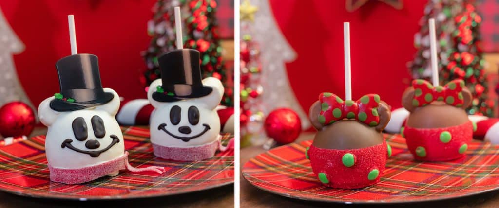 Mickey Snowman Apple and Minnie Holiday Apple from Marcelines Confectionery at the Disneyland Resort