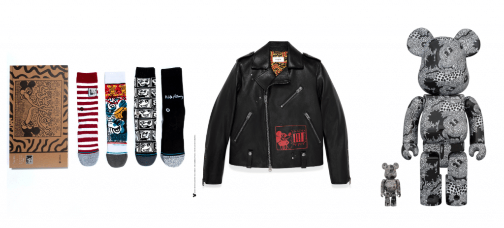 Mickey Mouse and Artist Keith Haring Stance products, Coach jacket and Be@rbrick figure
