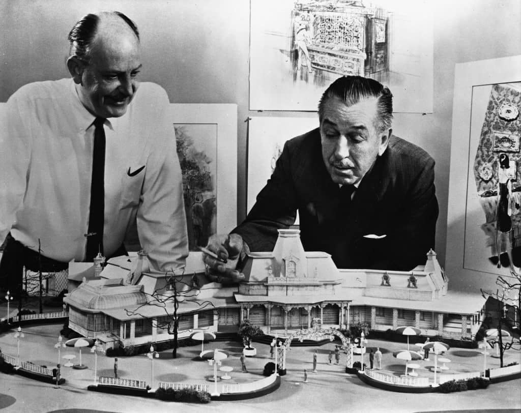 John Hench and Walt Disney with a model of the Plaza Inn