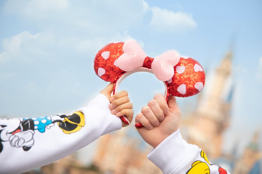 Shanghai Disney Resort Minnie ear headband with heart shaped polka dots and a heart shaped bow