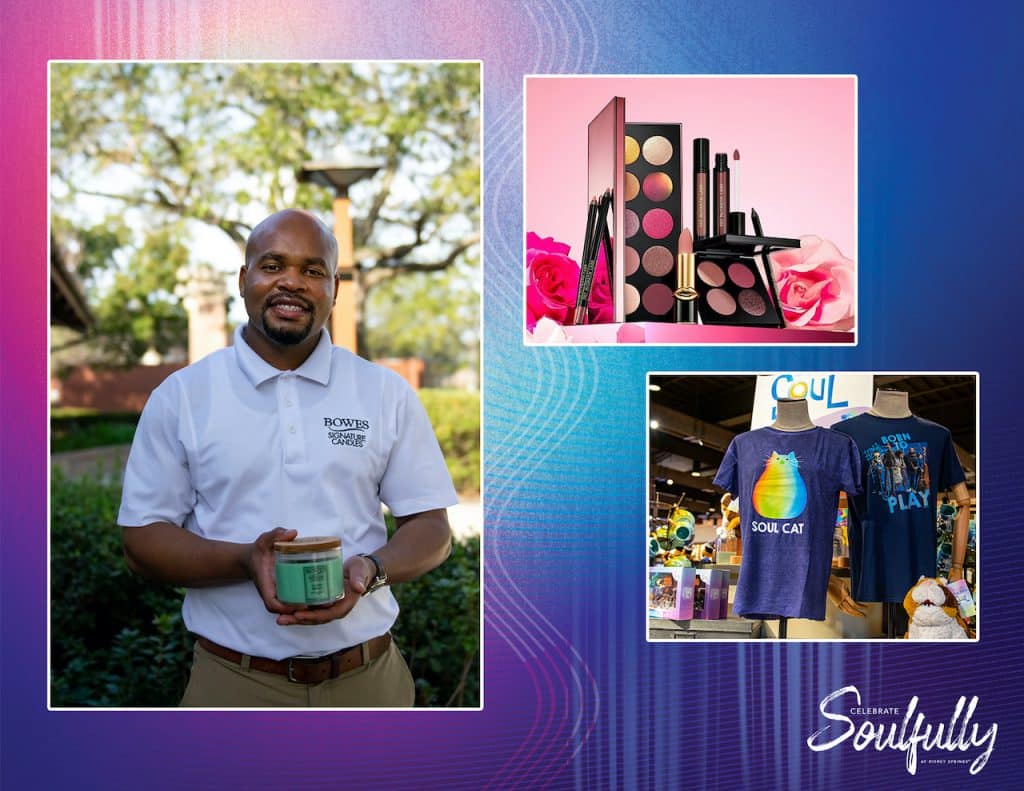 Collage of Bowes Signature Candles, Sephora products and "Soul" merchandise