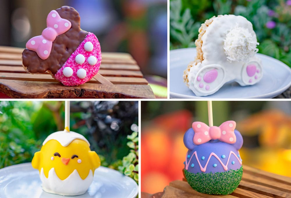 Easter Egg Bunny Krispy Easter Minnie Apple and Easter Chick Apple available at Trolley Treats Disney California Adventure Park﻿ and Marcelines Confectionery Downtown Disney District
