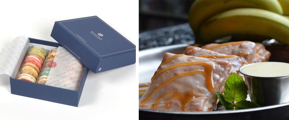 Premium French Macaron Gift Set available at Kaylas Cake and Banana Foster Glazed Beignets available at Ralph Brennan's Jazz Kitchen Express, Downtown Disney District