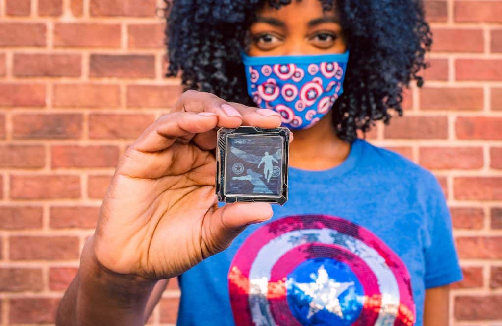 New holographic pin featuring silhouettes of both Sam and Bucky