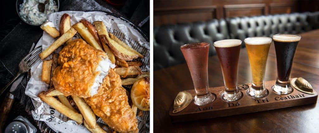 | The Main Street Mouse Fish and Chips and Beer Flight from Raglan Road Irish Pub Restaurant at Disney Springs