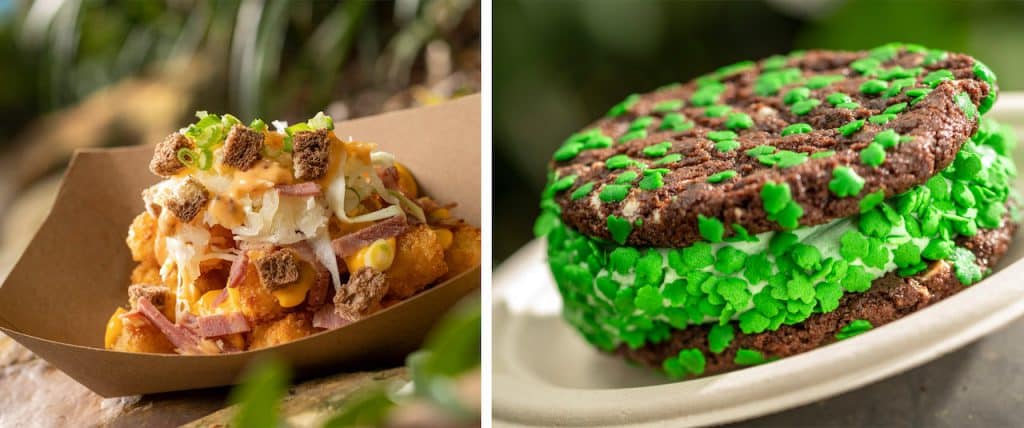 | The Main Street Mouse St Patricks Day Reuben Totchos from Restaurantosaurus at Disneys Animal Kingdom and St Patricks Day Ice Cream Sandwich from Dino bite Snacks at Disneys Animal Kingdom