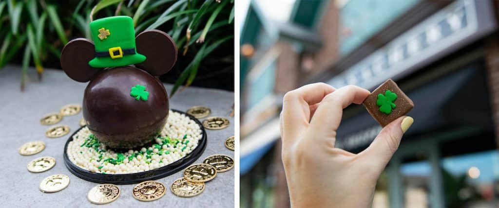 | The Main Street Mouse Leprechaun Mickey Piñata and Irish Whiskey Chocolate Squares from the Ganachery at Disney Springs
