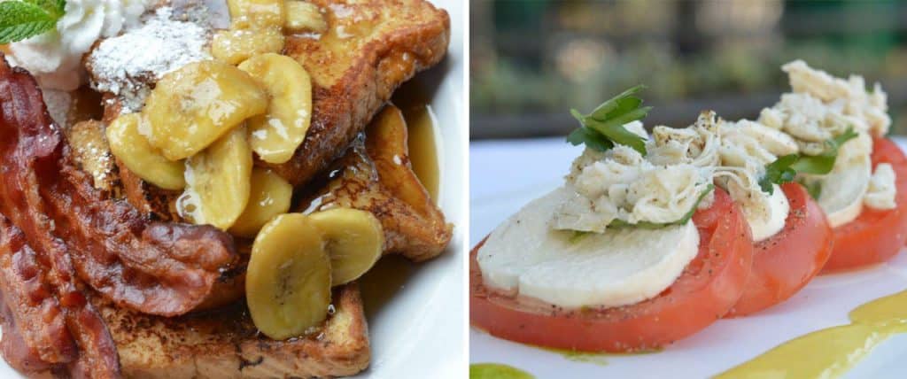 Bananas Foster French Toast with Bacon and Lobster Ravioli with Shrimp and Heirloom Tomato from Disneyland Resort