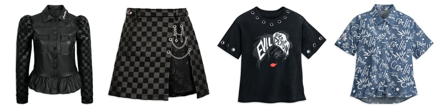 Her Universe collection inspired by Cruella Cruella Faux Leather Jacket and matching edgy Faux Leather Skirt Cruella Fashion T Shirt with metal grommets and Woven Shirt with graffiti print