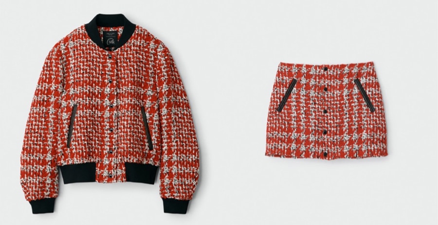 Rag Bone Cruella tweed bomber jacket with matching mini skirt from the Disney Cruella Collection