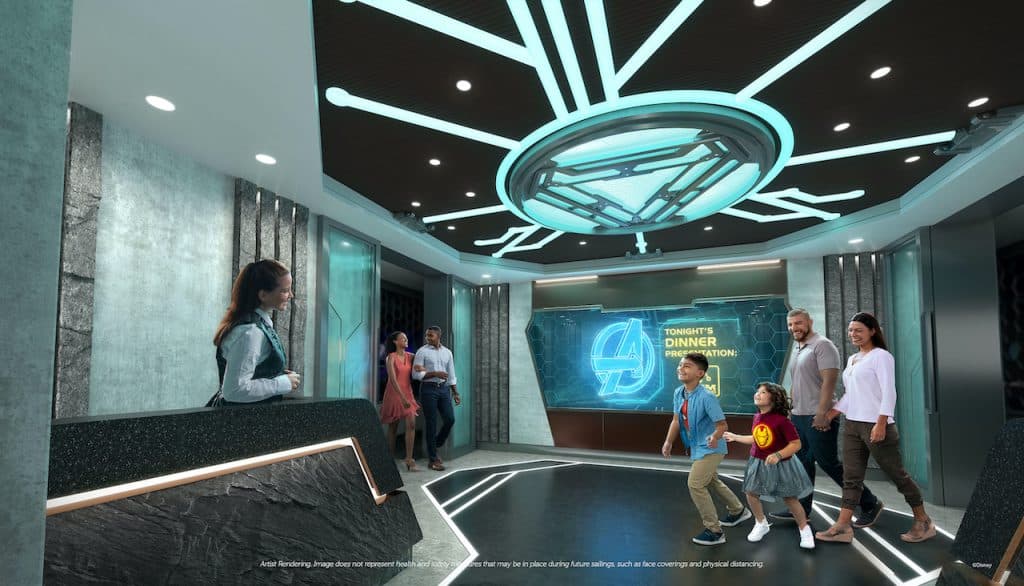 Rendering of Worlds of Marvel, the first-ever Marvel cinematic dining adventure, coming to the Disney Wish