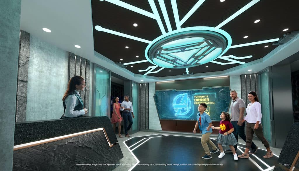 Rendering of Worlds of Marvel the first ever Marvel cinematic dining adventure coming to the Disney Wish