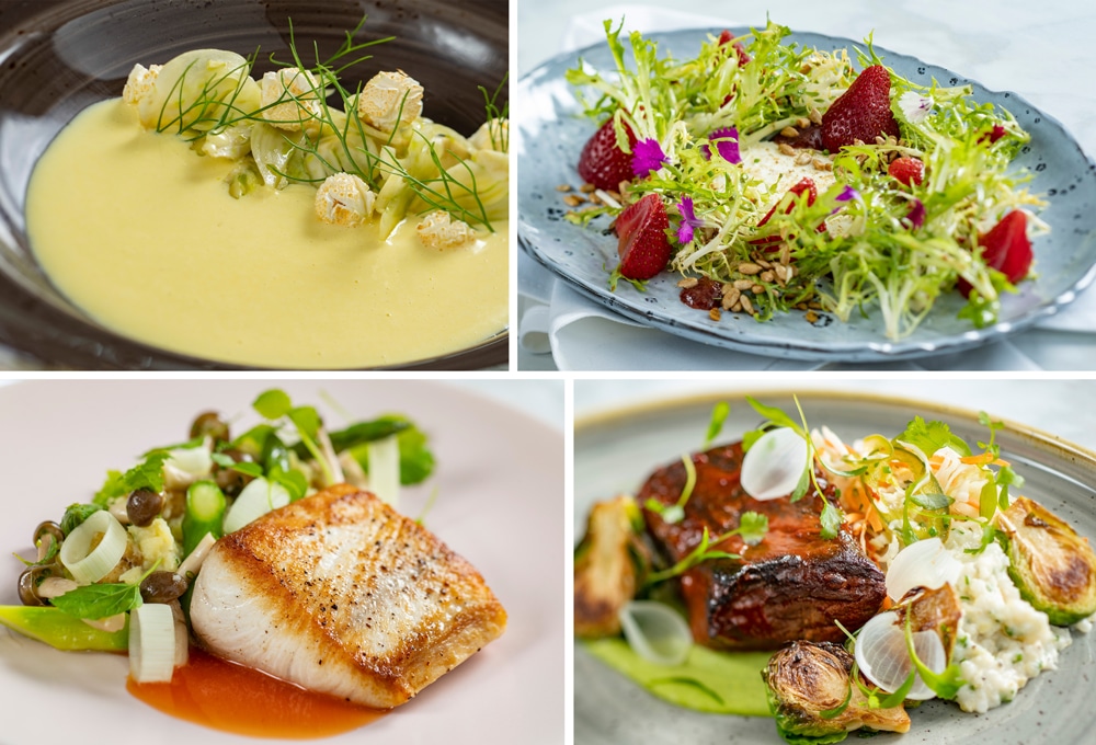 Sweet Corn Bisque with pickled fennel popcorn and fennel oil and a colorful Strawberry Salad with chamomile infused goat cheese frisée lettuce bacon vinaigrette and spiced sunflower seeds at Cítricos