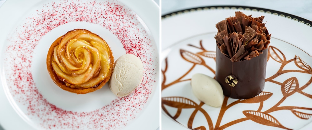 Warm Apple Rose with seasonal apple marzipan layers and frozen coconut milk and the Chocolate Torte a dark chocolate financier dark cherry compote and vanilla bean mascarpone cream at Cítricos