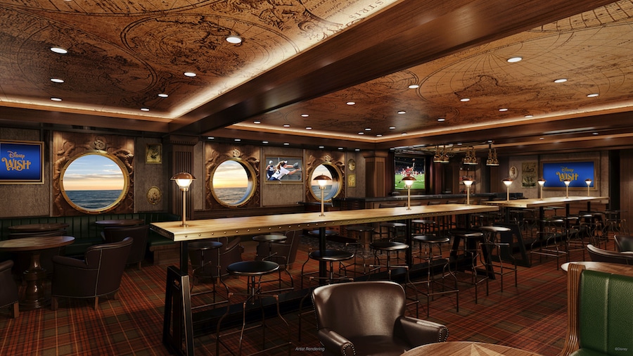 Rendering of Nightingale’s, a a refined piano bar, coming to the Disney Wish