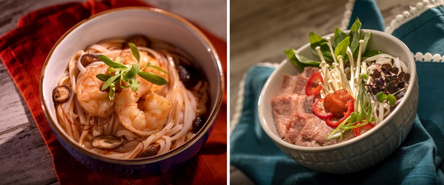 Shrimp and Coconut Curry Rice Noodles with Shiitake Mushrooms and Thai Basil and Traditional Spicy Vietnamese Beef Pho with Shaved Beef, Enoki Mushrooms, and Thai Basil