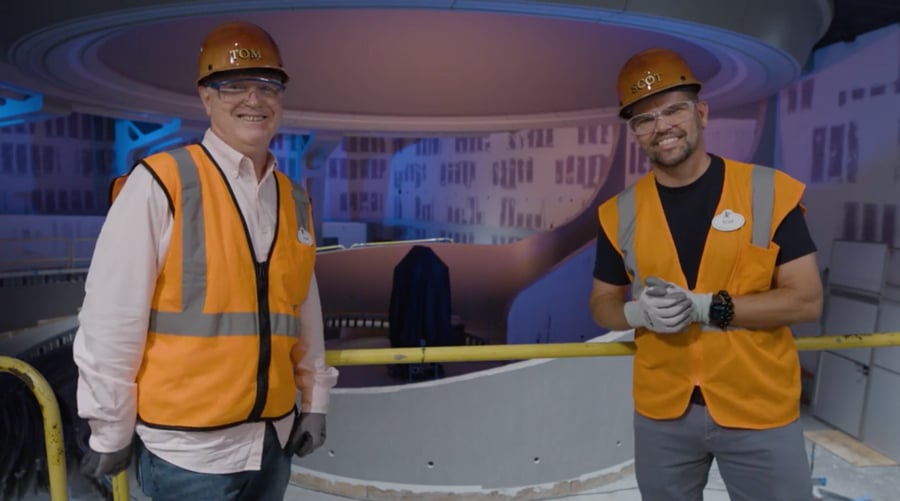 Imagineers Tom Fitzgerald (left) and Scot Drake (right) inside the Wonders of Xandar pavilion currently under construction at EPCOT