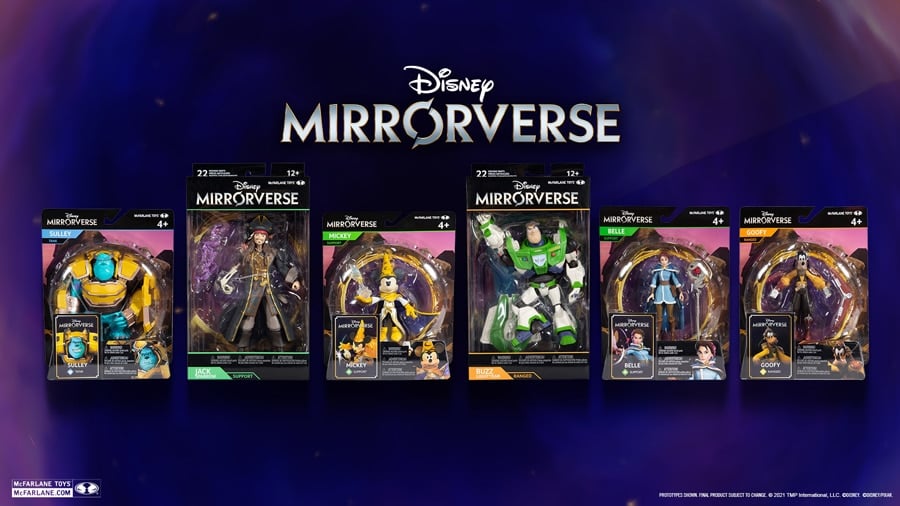 Disney Mirrorverse McFarlane Toys Figures Revealed Mickey Mouse, Goofy, Buzz Lightyear, Belle, Jack Sparrow, and Sully in retail packaging
