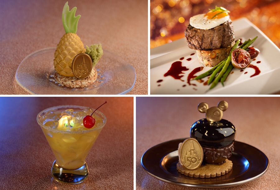 Glimmer and Shimmer Pineapple Mousse, Filet Mignon with Walt's Hash topped with an egg, Shimmer over the Moon, and Chocolate Mousse