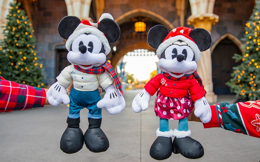 Mickey and Minnie plushies with matching holiday outfits