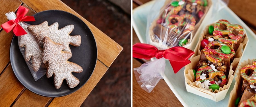 Gingerbread Pine Trees and Reindeer Food Cubes of gingerbread chocolate stripped pretzels holiday granola and candies from Disneys Wilderness Lodge Lobby