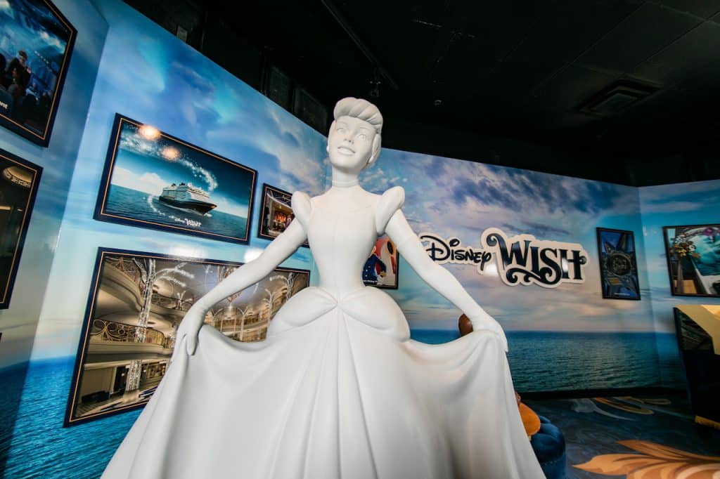 Cinderella statue at the Disney Wish exhibit at Disney's Hollywood Studios