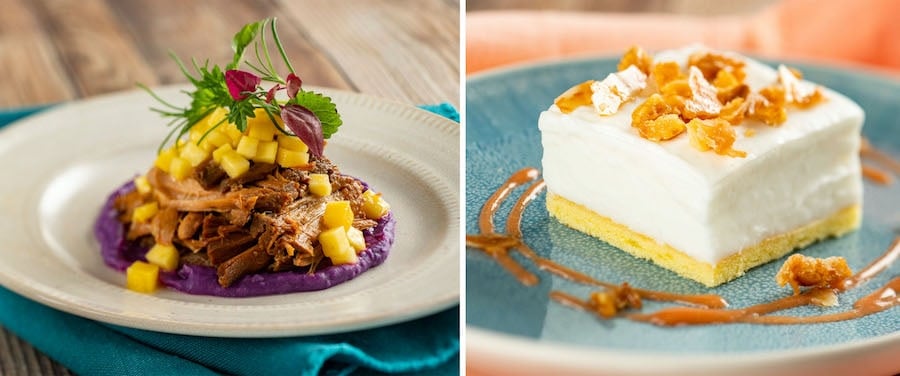 | The Main Street Mouse Kālua Pork with Okinawa Purple Sweet Potatoes and Mango Salad and Haupia from Mele Kalikimaka