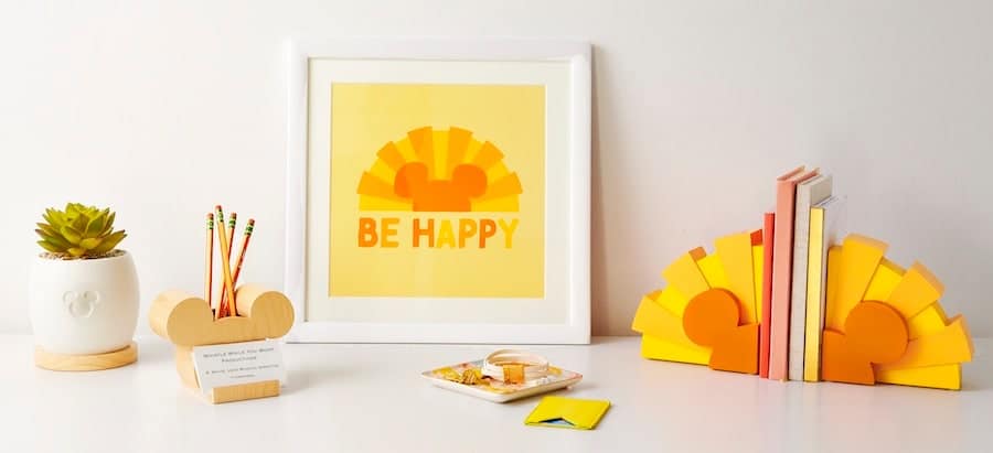 New Mickey Mouse icon bookends Minnie Mouse trinket tray and Mickey Mouse icon Be Happy wall décor
