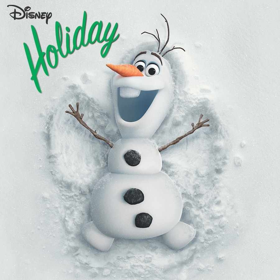Disney Holiday playlist graphic featuring Olaf