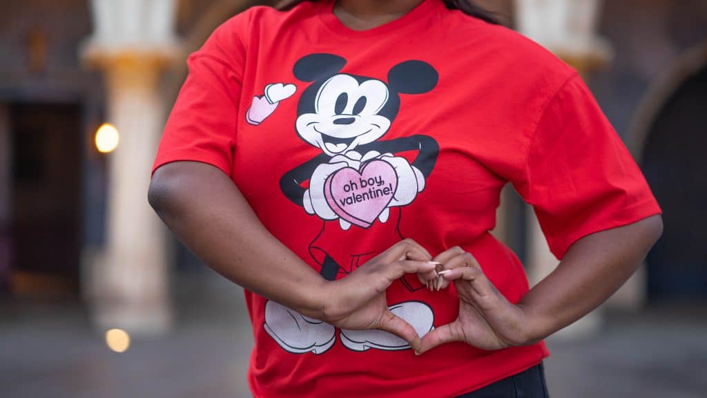 red mickey mouse t shirt that says "oh boy, valentine"