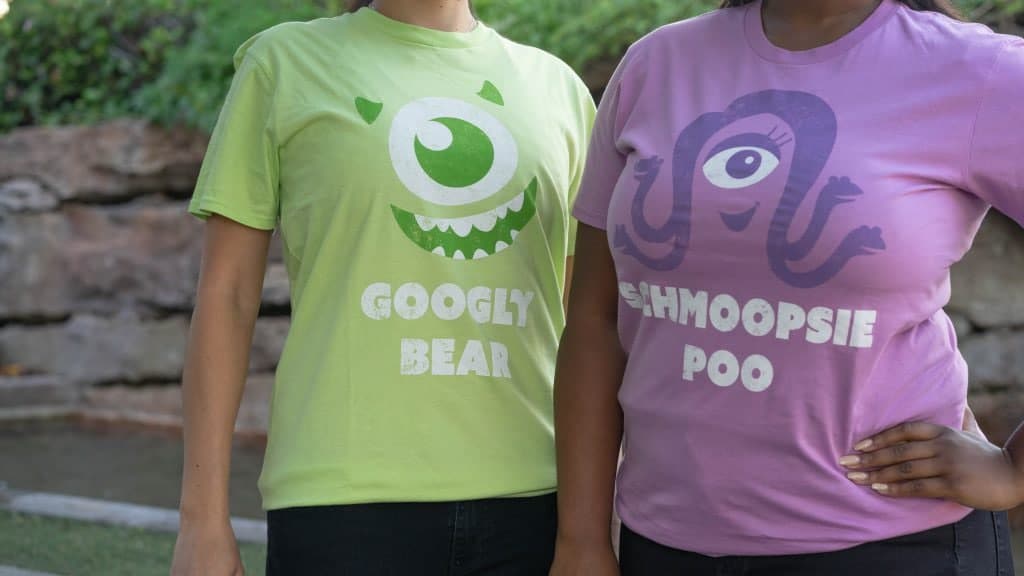 t shirts featuring monsters inc characters that reads "Googly Bear" and "Shmoopie Poo"