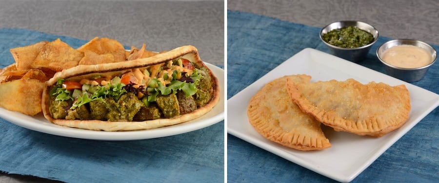 Marinated Pork Flatbread Sandwich and Spiced Potato Hand Pies at Disneys Animal Kingdom Theme Park